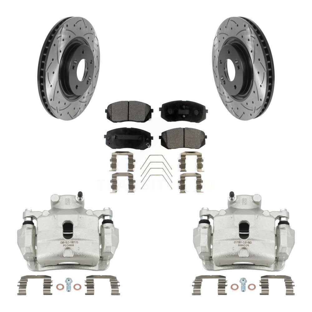 Front Brake Caliper Drill Slot Rotor Semi-Metallic Pad Kit For Hyundai Sonata Kia Optima KCD-100073P