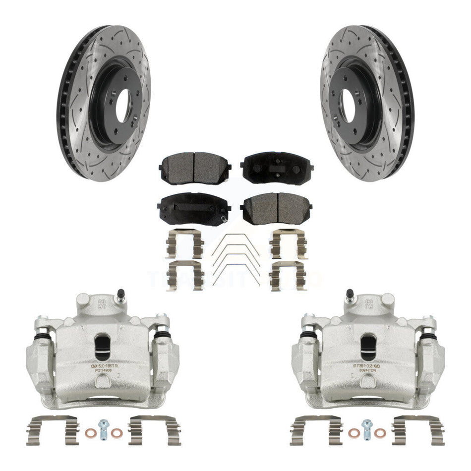 Front Brake Caliper Drill Slot Rotor Semi-Metallic Pad Kit For Hyundai Sonata Kia Optima KCD-100073P