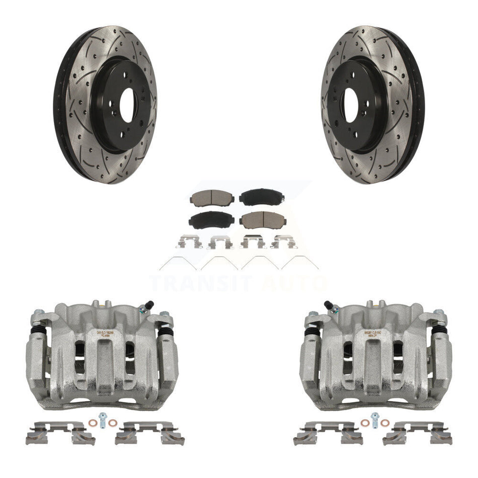 Front Brake Caliper Drill Slotted Rotors Ceramic Pad Kit For Honda CR-V Crosstour Accord KCD-100075C
