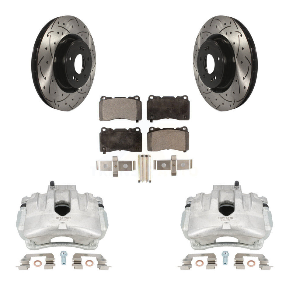 Front Disc Brake Coated Caliper Drilled Slotted Rotors And Semi-Metallic Pads Kit For Hyundai Genesis Coupe With Single Piston Calipers KCD-100077P