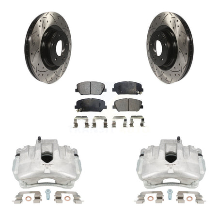 Front Disc Brake Coated Caliper Drilled Slotted Rotors And Semi-Metallic Pads Kit For Hyundai Genesis Coupe With Single Piston Calipers KCD-100078P by Transit Auto