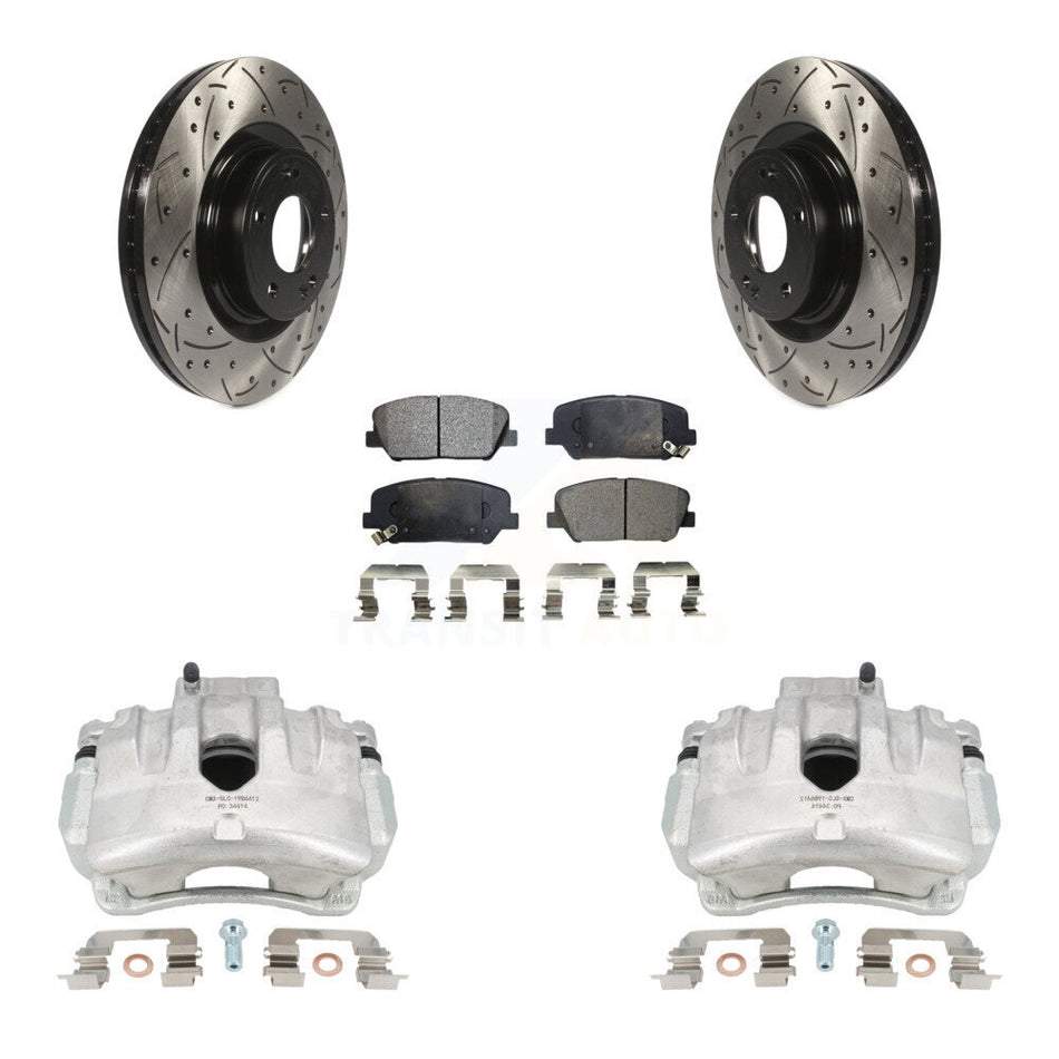 Front Disc Brake Coated Caliper Drilled Slotted Rotors And Semi-Metallic Pads Kit For Hyundai Genesis Coupe With Single Piston Calipers KCD-100078P