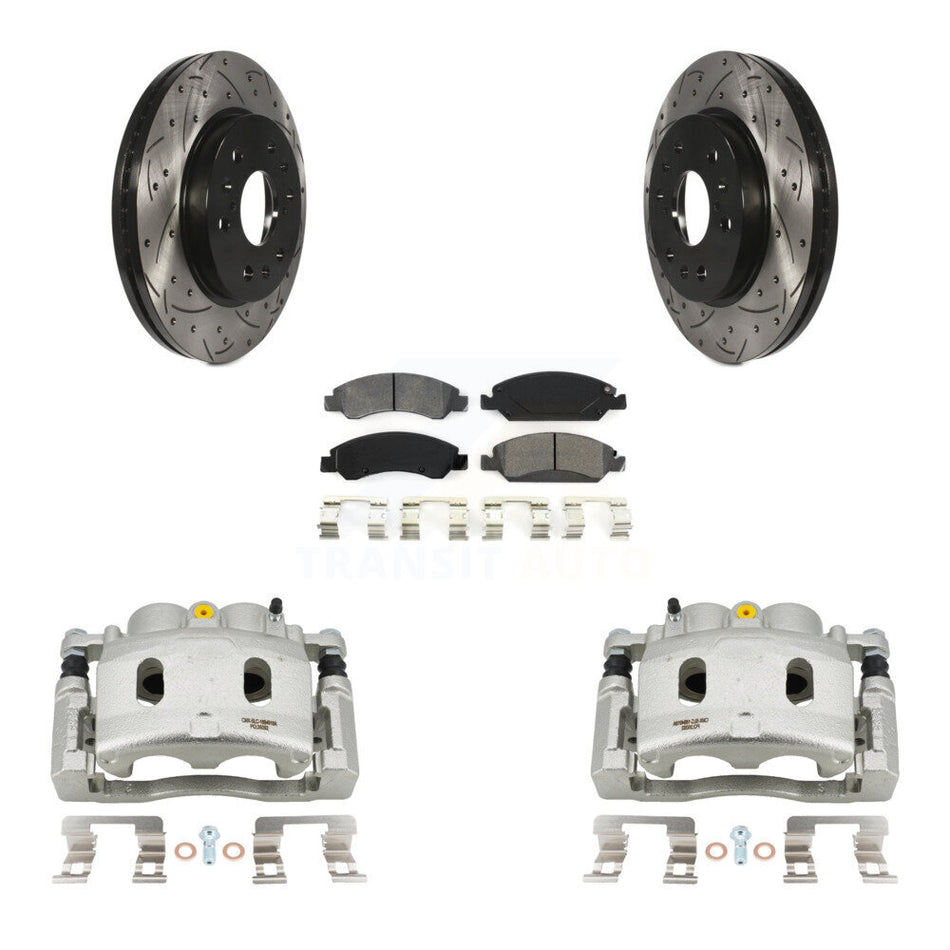 Front Disc Brake Coated Caliper Drill Slot Rotors Semi-Metallic Pad Kit For Cadillac XTS KCD-100083S