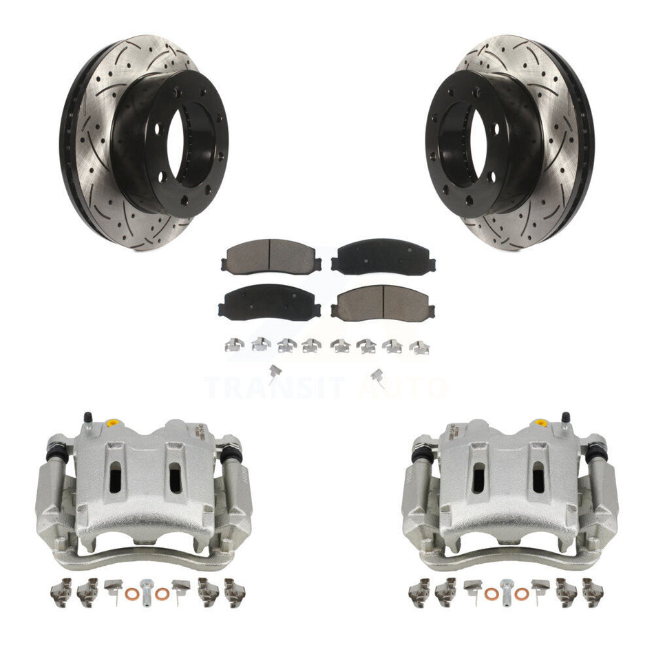 Front Disc Brake Coated Caliper Drilled Slotted Rotors And Ceramic Pads Kit For Ford F-250 Super Duty F-350 With Single Rear Wheels 4WD KCD-100088C
