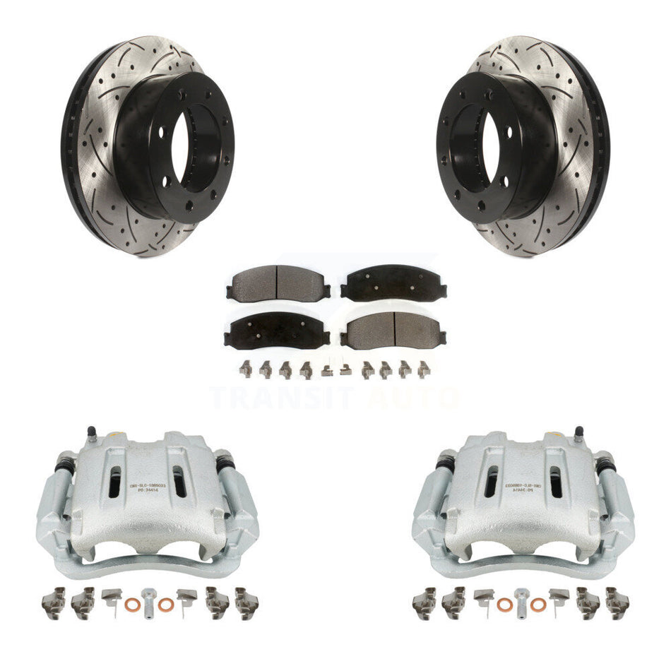 Front Disc Brake Coated Caliper Drilled Slotted Rotors And Semi-Metallic Pads Kit For Ford F-250 Super Duty F-350 With Single Rear Wheels 4WD KCD-100089P by Transit Auto