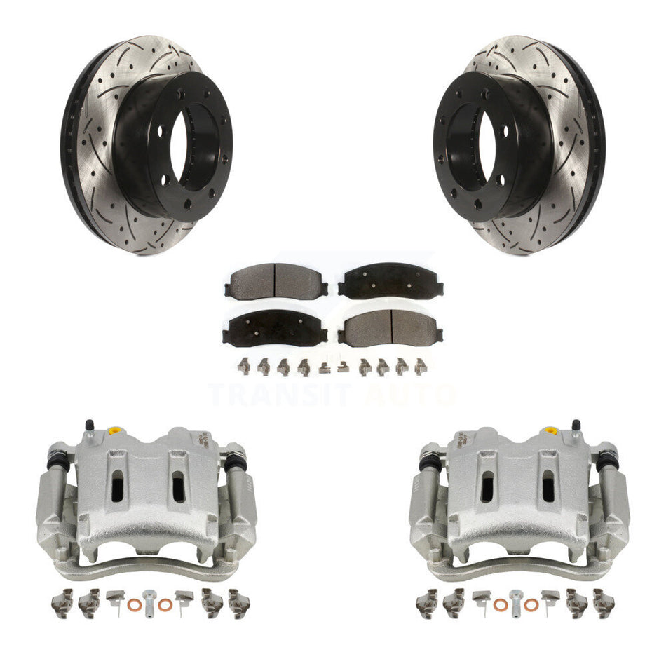 Front Disc Brake Coated Caliper Drilled Slotted Rotors And Semi-Metallic Pads Kit For Ford F-250 Super Duty F-350 With Single Rear Wheels 4WD KCD-100089P