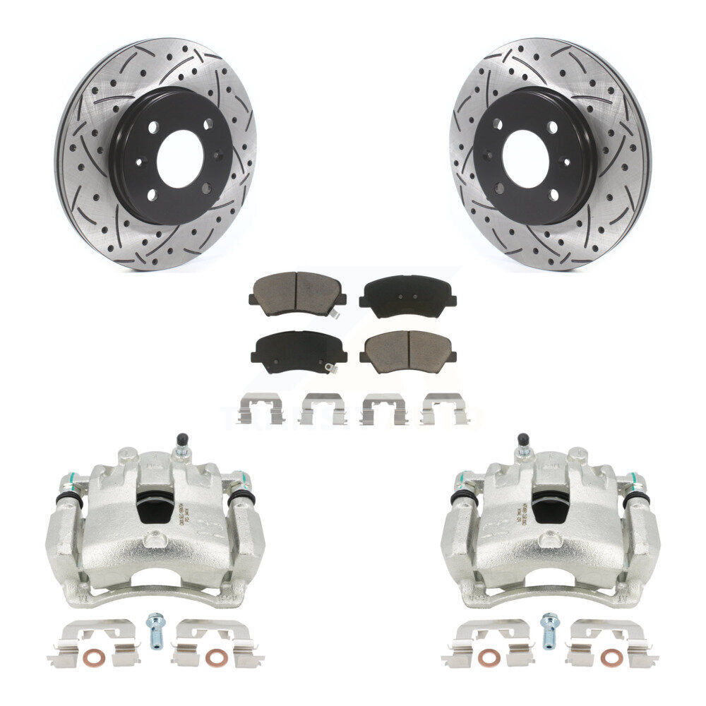 Front Disc Brake Coated Caliper Drilled Slotted Rotors And Ceramic Pads Kit For Hyundai Accent Kia Rio KCD-100090C by Transit Auto