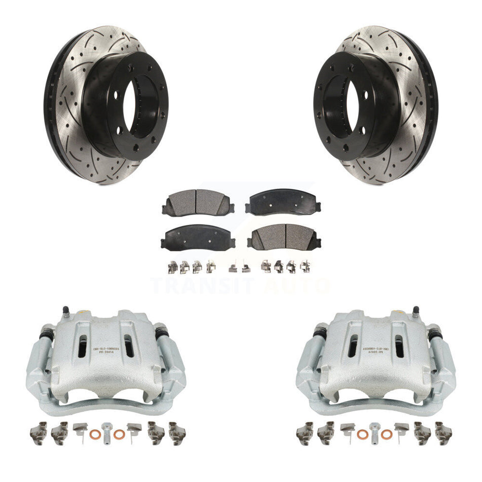 Front Disc Brake Coated Caliper Drilled Slotted Rotors And Semi-Metallic Pads Kit For Ford F-350 Super Duty F-250 4WD KCD-100090P by Transit Auto