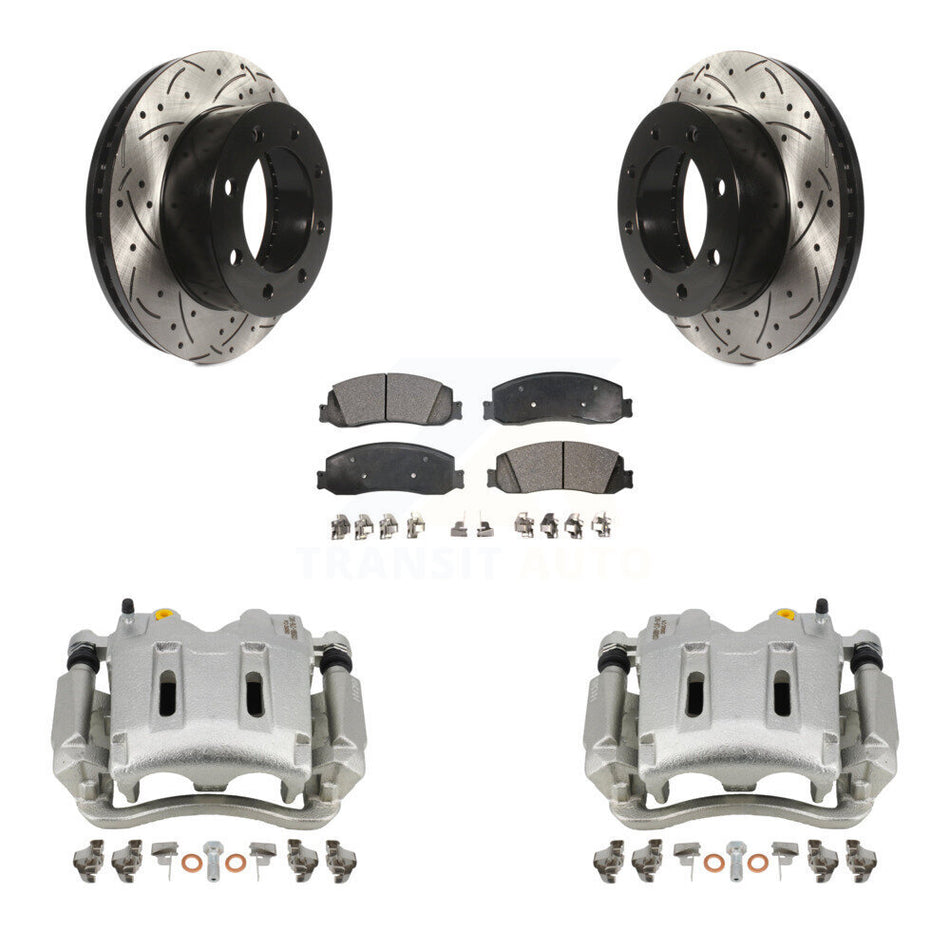 Front Disc Brake Coated Caliper Drilled Slotted Rotors And Semi-Metallic Pads Kit For Ford F-350 Super Duty F-250 4WD KCD-100090P