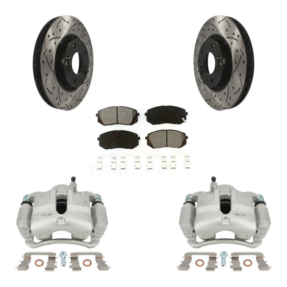 Front Disc Brake Coated Caliper Drilled Slotted Rotors And Semi-Metallic Pads Kit For Hyundai Tucson Kia Sportage KCD-100092S