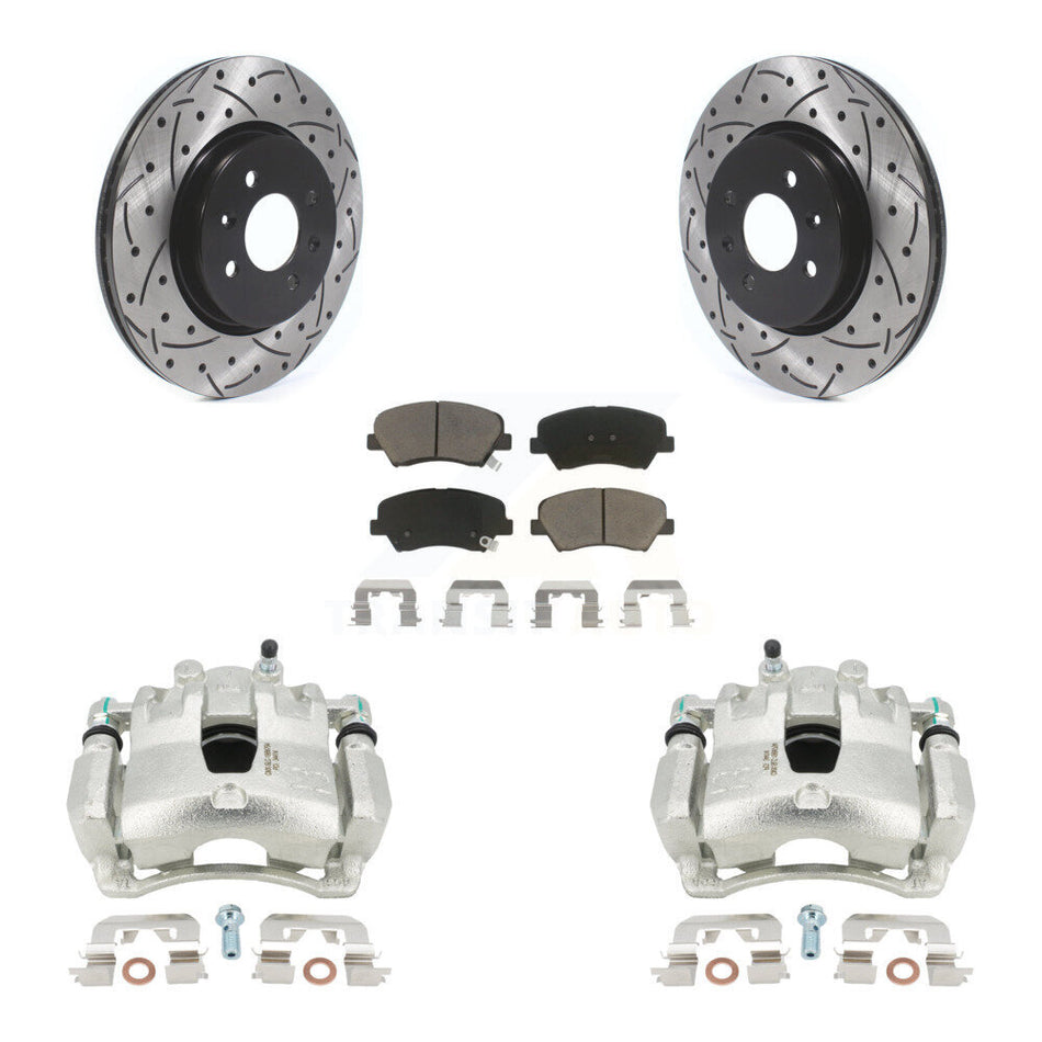 Front Disc Brake Coated Caliper Drilled Slotted Rotors And Ceramic Pads Kit For Kia Rio KCD-100093C