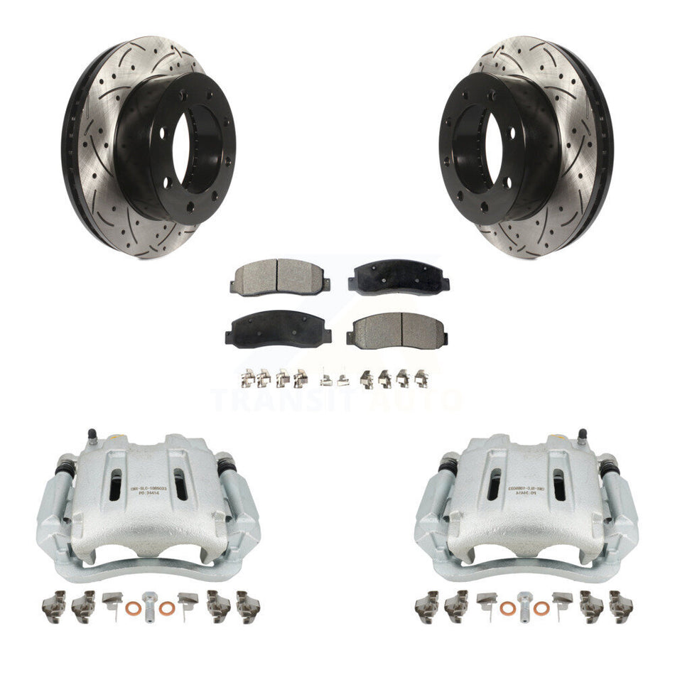 Front Disc Brake Coated Caliper Drilled Slotted Rotors And Semi-Metallic Pads Kit For Ford F-250 Super Duty F-350 KCD-100093P by Transit Auto