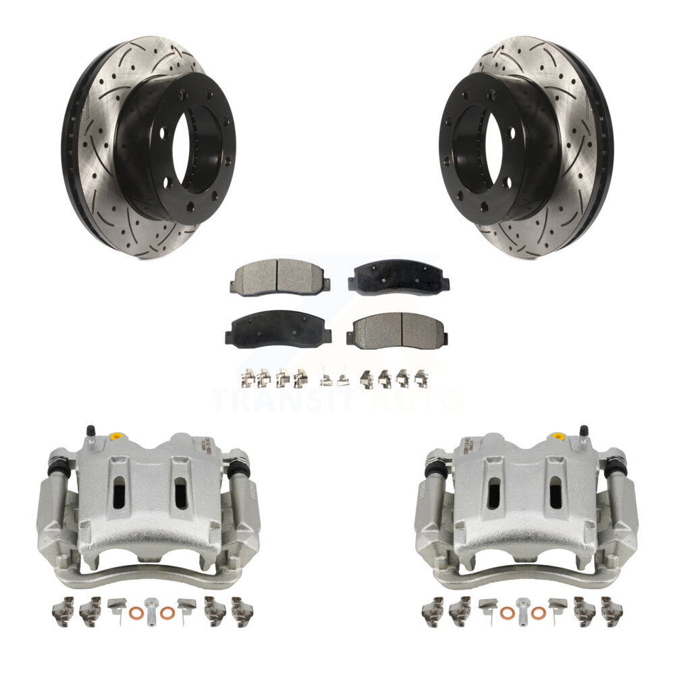 Front Disc Brake Coated Caliper Drilled Slotted Rotors And Semi-Metallic Pads Kit For Ford F-250 Super Duty F-350 KCD-100093P