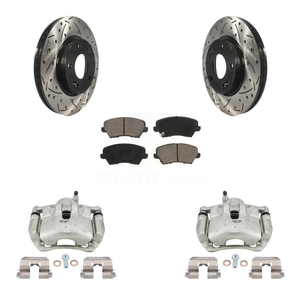 Front Brake Caliper Drill Slotted Rotor Ceramic Pad Kit For Kia Forte Hyundai Elantra GT KCD-100094C