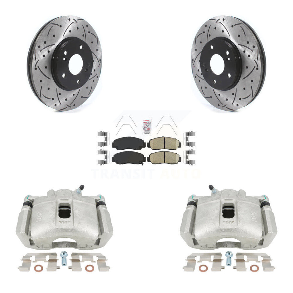 Front Disc Brake Coated Caliper Drilled Slotted Rotors And Ceramic Pads Kit For 2005-2007 Honda Accord Sedan with 3.0L GAS engine Manual transmission KCD-100095N by Transit Auto