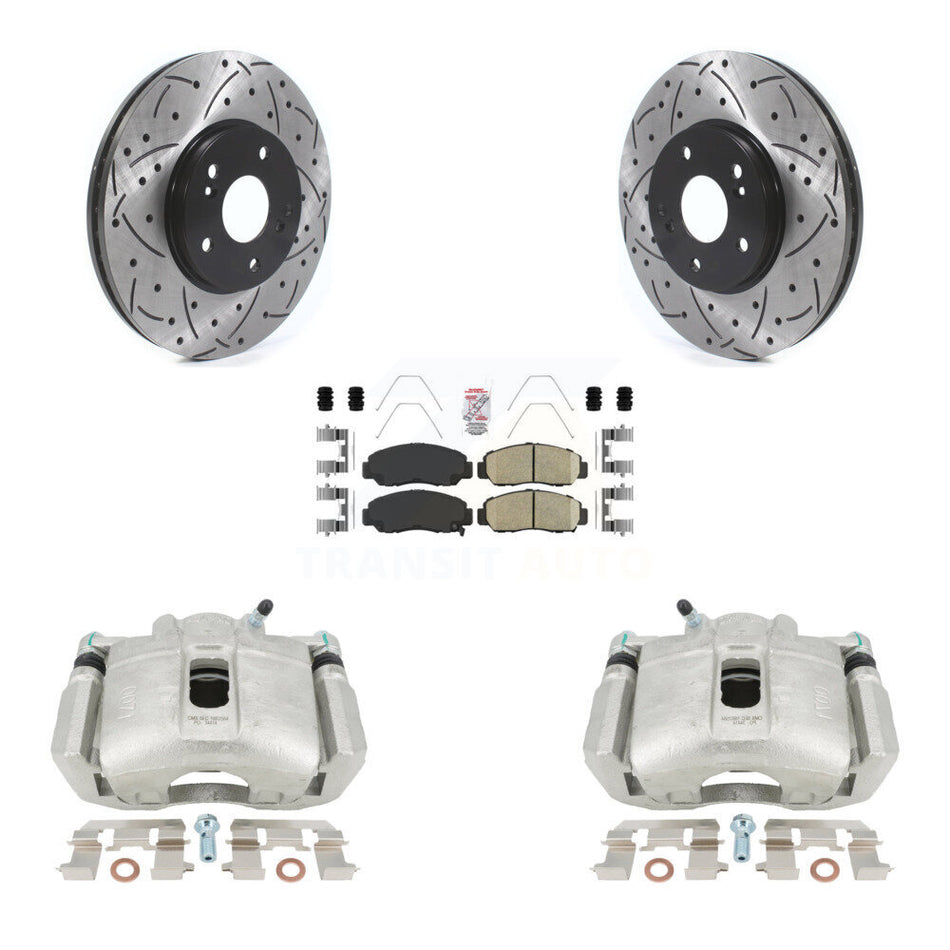 Front Disc Brake Coated Caliper Drilled Slotted Rotors And Ceramic Pads Kit For 2005-2007 Honda Accord Sedan with 3.0L GAS engine Manual transmission KCD-100096N