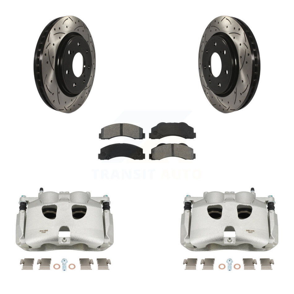 Front Disc Brake Coated Caliper Drilled Slotted Rotors And Semi-Metallic Pads Kit For 2012-2014 Ford F-150 With 7 Lug Wheels KCD-100099S