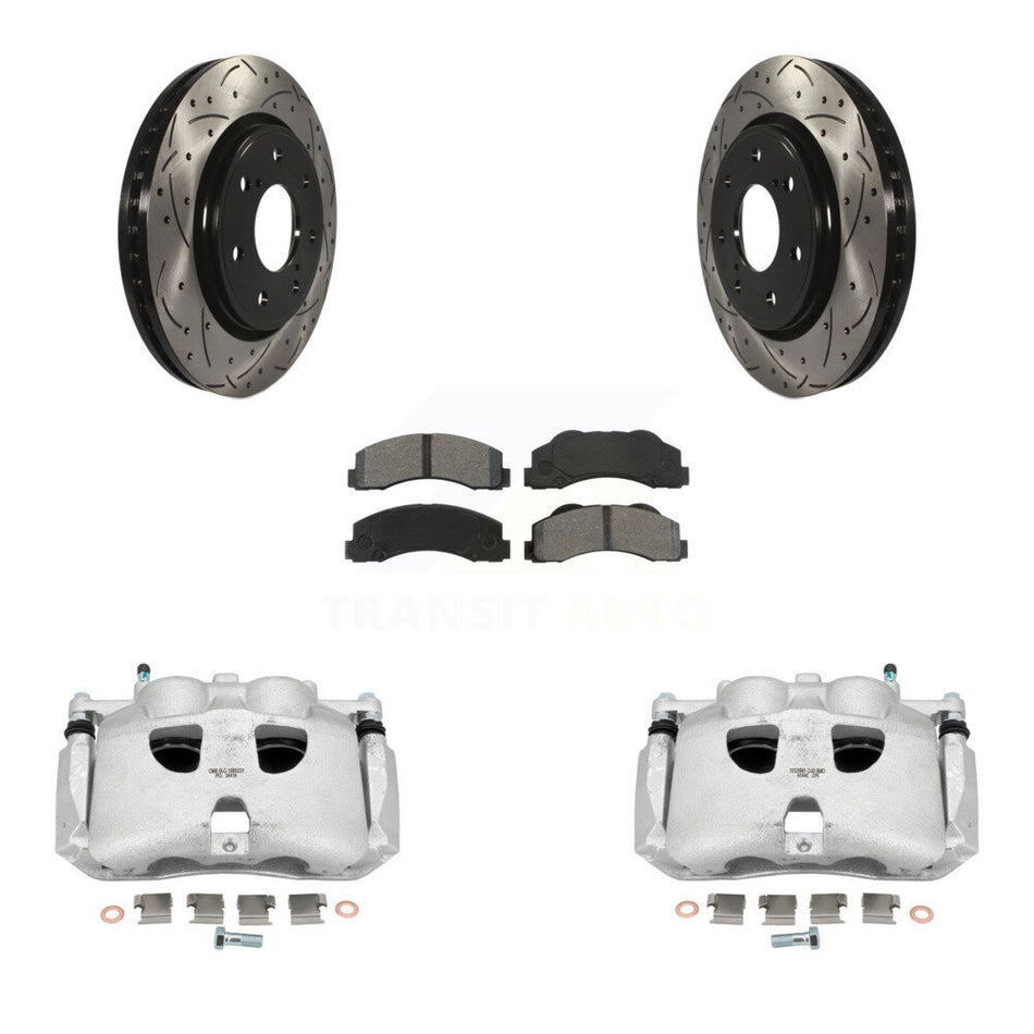 Front Disc Brake Coated Caliper Drilled Slotted Rotors And Semi-Metallic Pads Kit For 2010-2011 Ford F-150 With 7 Lug Wheels KCD-100101S