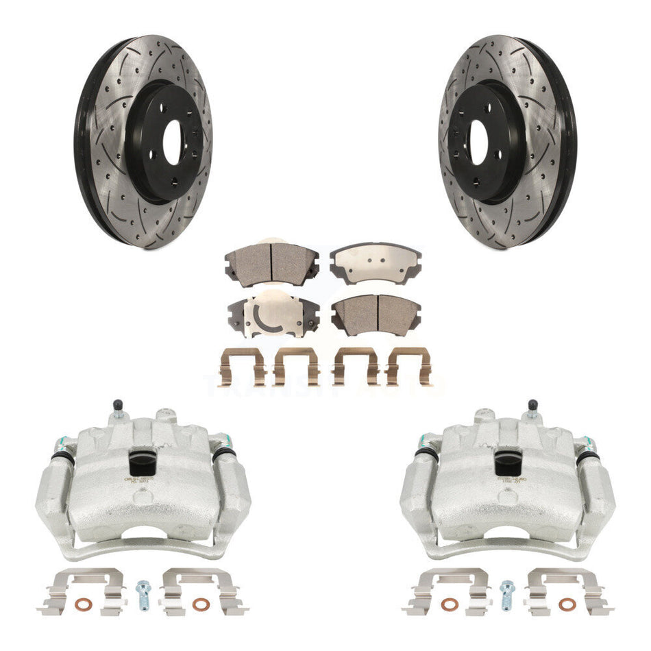 Front Disc Brake Coated Caliper Drilled Slotted Rotors And Ceramic Pads Kit For 2010-2015 Chevrolet Camaro LT LS with 3.6L KCD-100101T