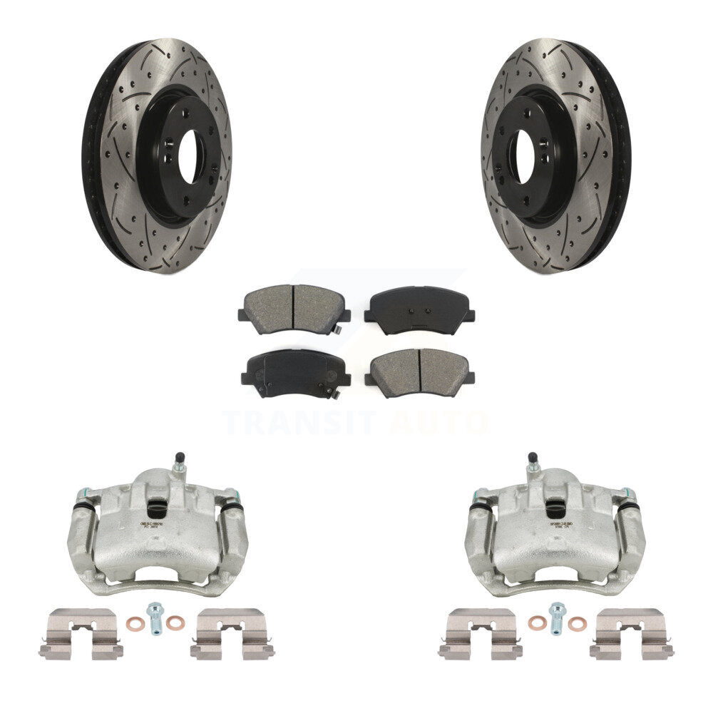 Front Disc Brake Coated Caliper Drill Slotted Rotors Semi-Metallic Pad Kit For Kia Forte KCD-100104S
