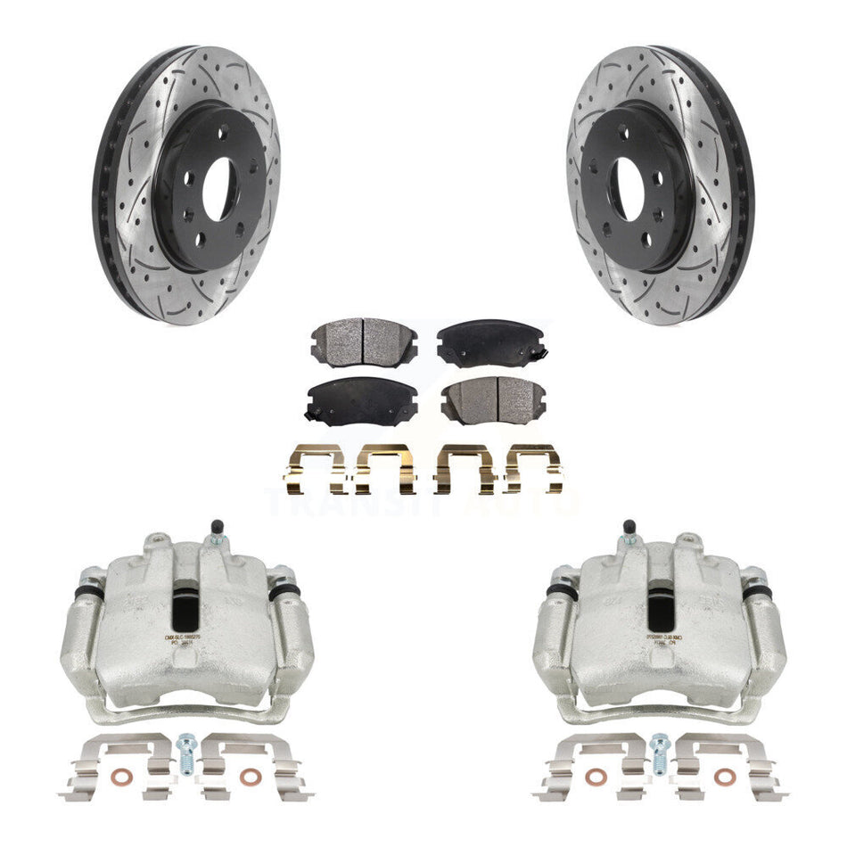 Front Disc Brake Coated Caliper Drilled Slotted Rotors And Semi-Metallic Pads Kit For 2011 Buick Regal 2.0L With Solid Rear KCD-100105P