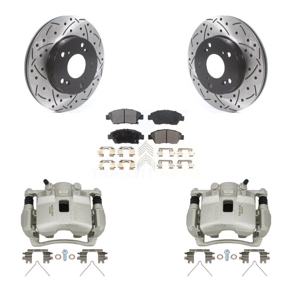 Front Brake Coated Caliper Drill Slotted Rotor Ceramic Pad Kit For Honda Civic Acura RSX KCD-100118T