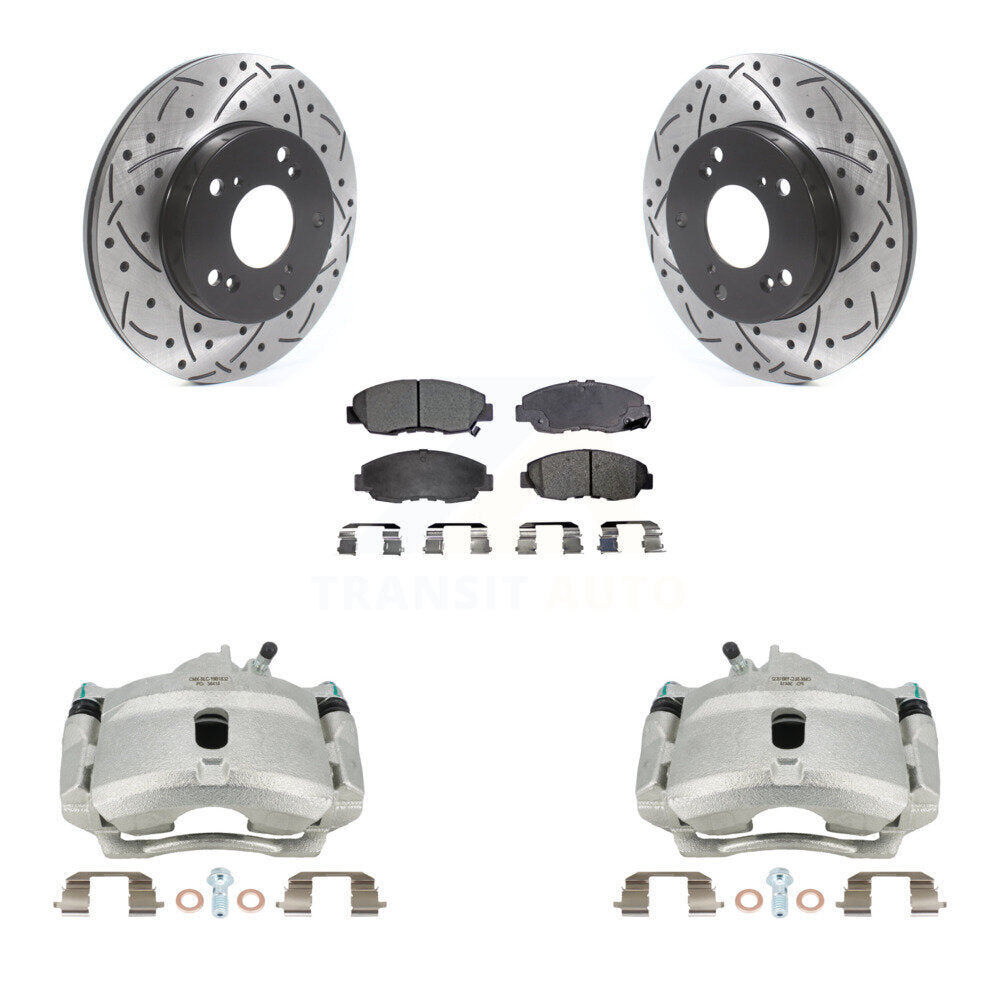 Front Disc Brake Coated Caliper Drilled Slotted Rotors And Semi-Metallic Pads Kit For Honda Civic KCD-100120P by Transit Auto