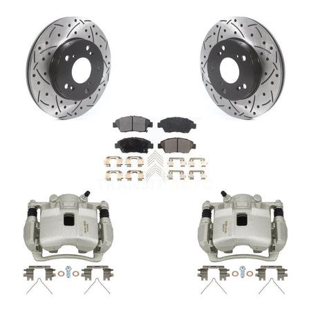 Front Disc Brake Coated Caliper Drilled Slot Rotor Semi-Metallic Pad Kit For Honda Civic KCD-100121P