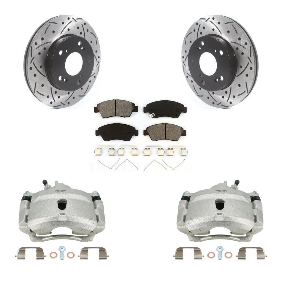 Front Disc Brake Coated Caliper Drilled Slotted Rotors And Semi-Metallic Pads Kit For 2004-2005 Honda Civic Si with 1.7L With 5 Lug Wheels KCD-100125S
