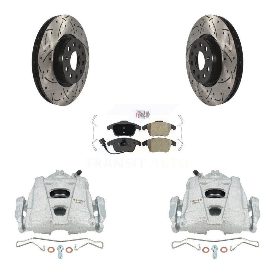 Front Disc Brake Coated Caliper Drilled Slotted Rotors And Semi-Metallic Pads Kit For Volkswagen Passat Tiguan Audi Q3 Quattro Limited KCD-100129N