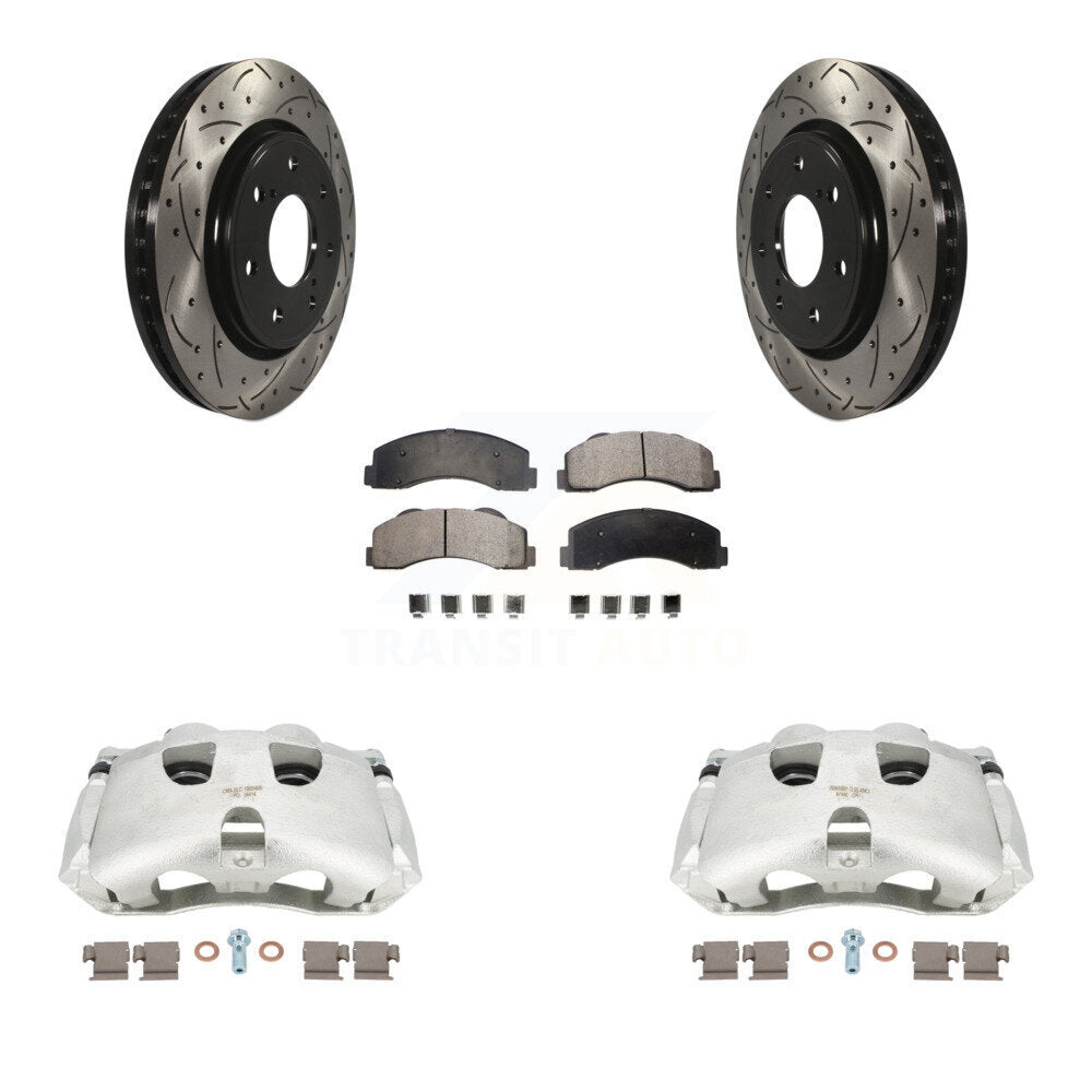 Front Disc Brake Coated Caliper Drilled Slotted Rotors And Semi-Metallic Pads Kit For 2012-2014 Ford F-150 With 7 Lug Wheels KCD-100129P by Transit Auto