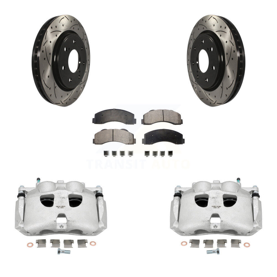 Front Disc Brake Coated Caliper Drilled Slotted Rotors And Semi-Metallic Pads Kit For 2010-2011 Ford F-150 With 7 Lug Wheels KCD-100131P