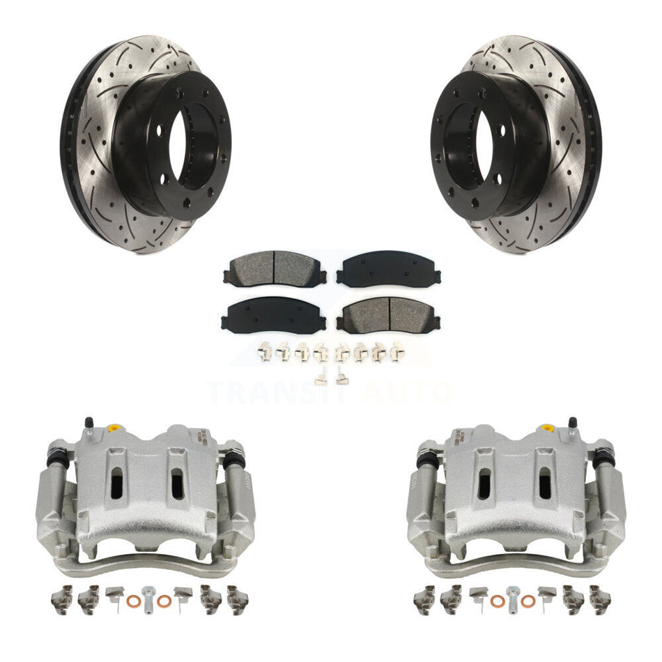 Front Disc Brake Coated Caliper Drilled Slotted Rotors And Semi-Metallic Pads Kit For Ford F-250 Super Duty F-350 With Single Rear Wheels 4WD KCD-100131S