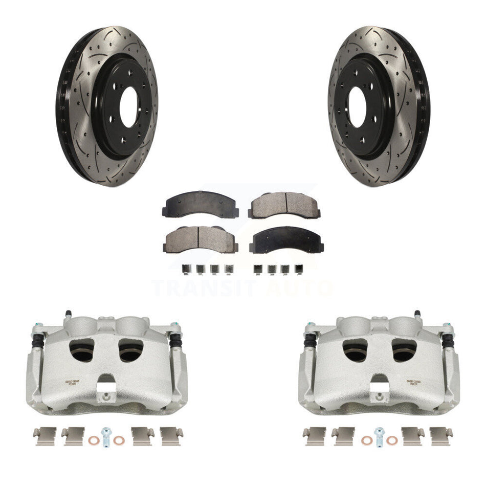 Front Disc Brake Coated Caliper Drilled Slotted Rotors And Ceramic Pads Kit For 2012-2014 Ford F-150 With 7 Lug Wheels KCD-100131T