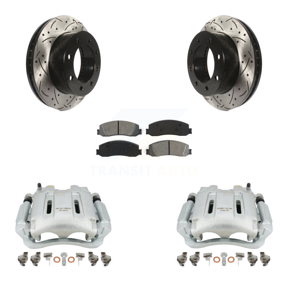 Front Disc Brake Coated Caliper Drilled Slotted Rotors And Semi-Metallic Pads Kit For Ford F-350 Super Duty F-250 4WD KCD-100132S by Transit Auto