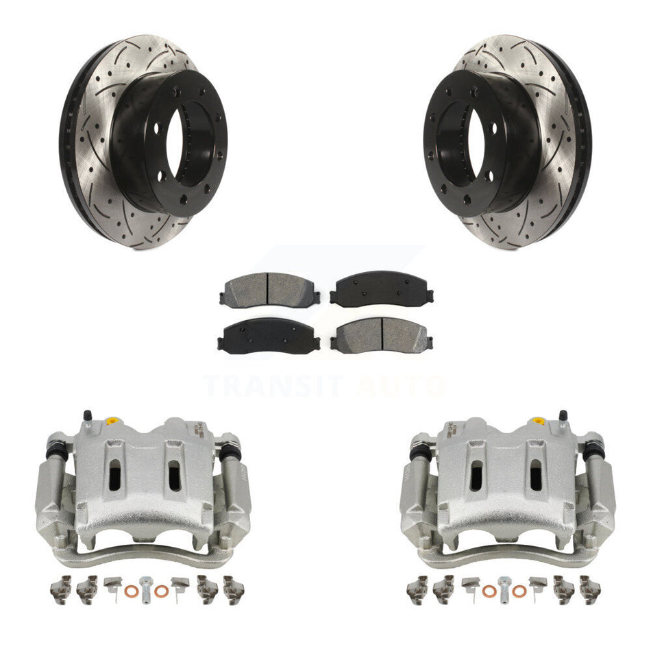 Front Disc Brake Coated Caliper Drilled Slotted Rotors And Semi-Metallic Pads Kit For Ford F-350 Super Duty F-250 4WD KCD-100132S