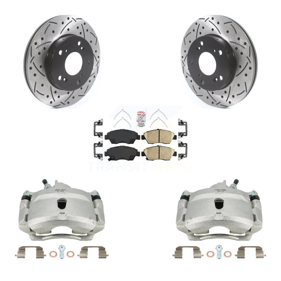 Front Disc Brake Coated Caliper Drilled Slotted Rotors And Ceramic Pads Kit For 2004-2005 Honda Civic Si with 1.7L With 5 Lug Wheels KCD-100133N by Transit Auto