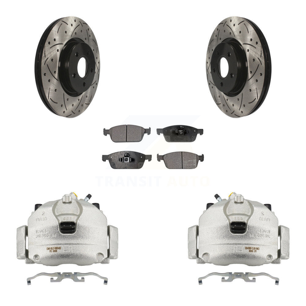 Front Brake Caliper Drilled Slot Rotor Semi-Metallic Pad Kit For Ford Escape Transit MKC KCD-100137P