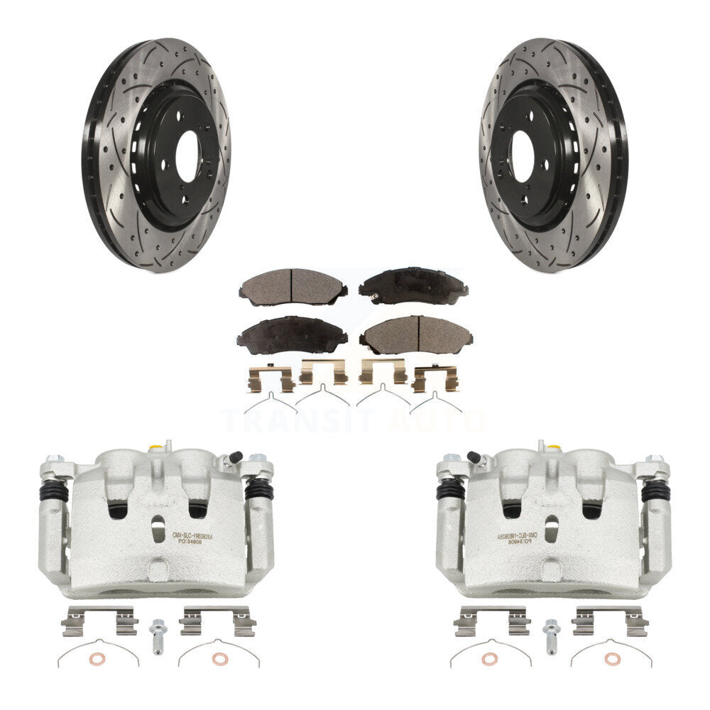 Front Brake Caliper Drill Slot Rotor Ceramic Pad Kit For Honda Pilot Ridgeline Acura MDX KCD-100137T