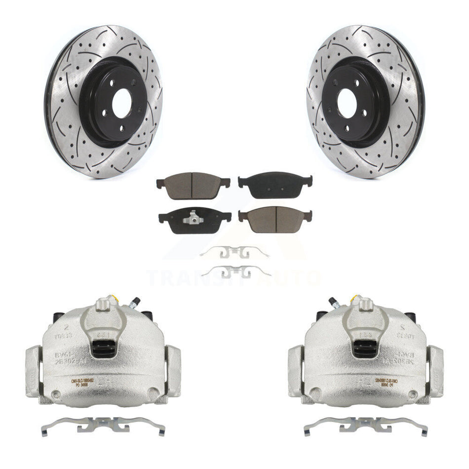 Front Disc Brake Coated Caliper Drilled Slotted Rotors & Ceramic Pad Kit For Lincoln MKC KCD-100140C