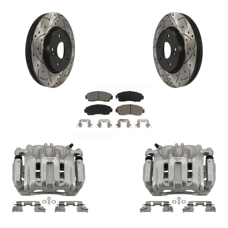 Front Brake Caliper Drill Slotted Rotors Ceramic Pad Kit For Honda CR-V Acura RDX Accord KCD-100142C