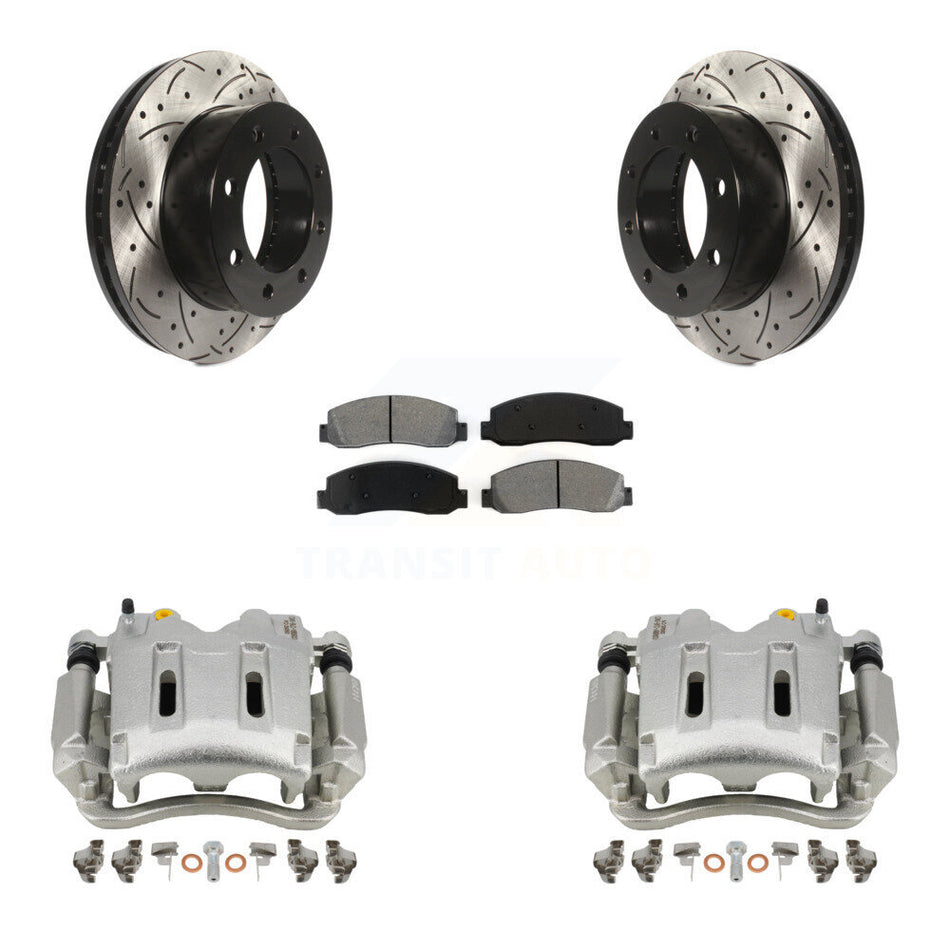 Front Disc Brake Coated Caliper Drilled Slotted Rotors And Semi-Metallic Pads Kit For Ford F-250 Super Duty F-350 KCD-100142S