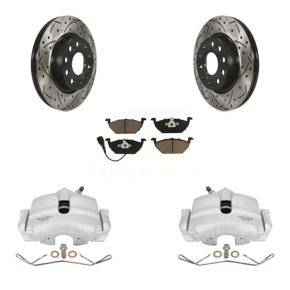 Front Disc Brake Coated Caliper Drilled Slotted Rotors And Ceramic Pads Kit For Volkswagen Jetta With 280mm Diameter Rotor KCD-100147C by Transit Auto