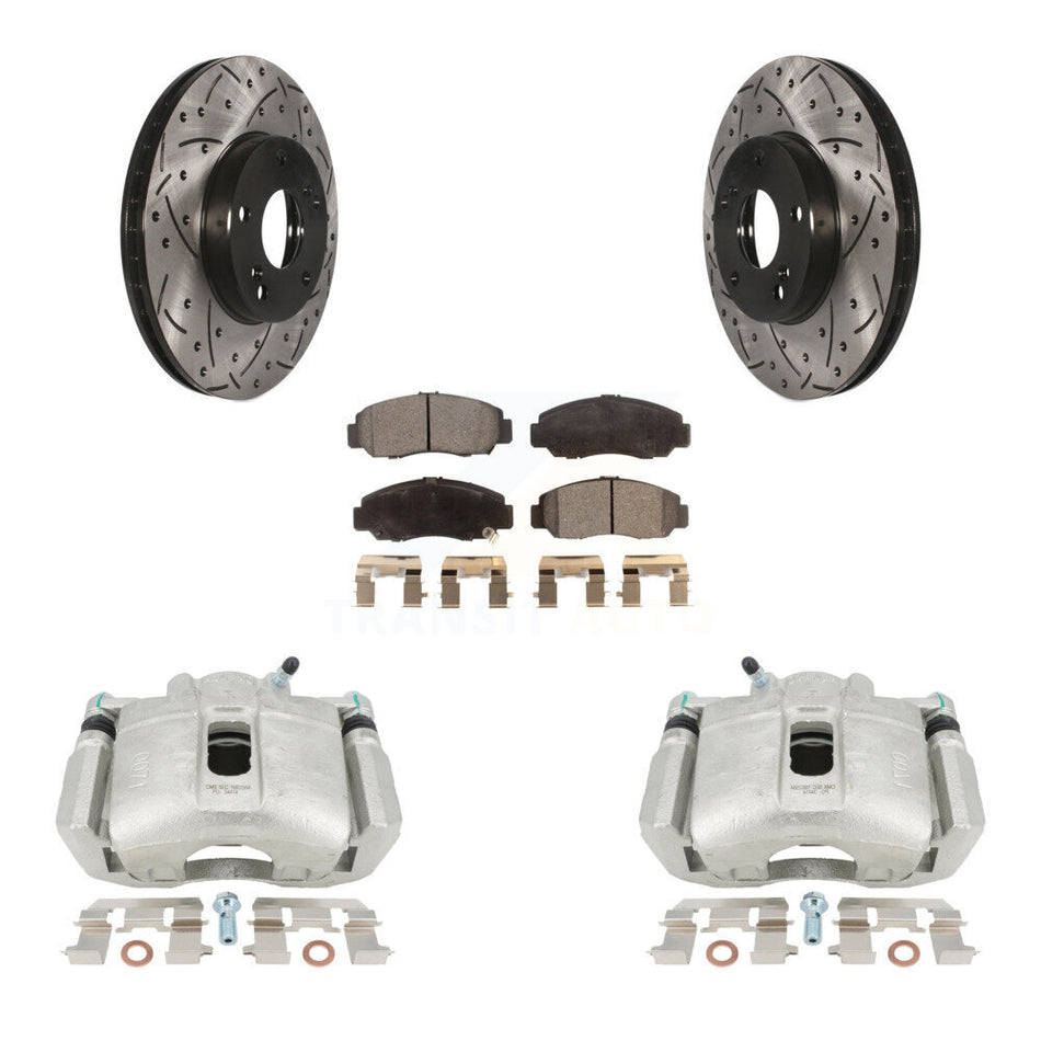 Front Disc Brake Coated Caliper Drilled Slotted Rotors And Ceramic Pads Kit For 2003-2004 Honda Accord Sedan with 3.0L Manual transmission KCD-100150T