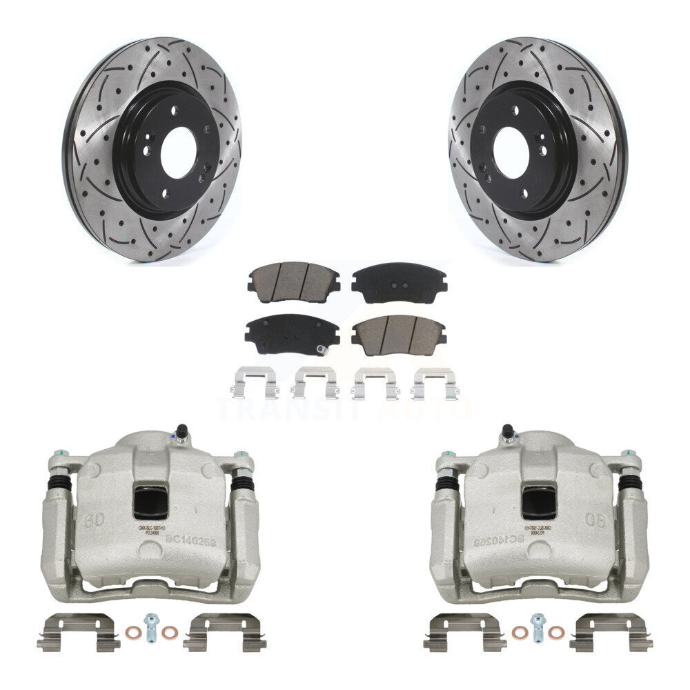 Front Brake Caliper Drill Slotted Rotors Ceramic Pad Kit For Hyundai Tucson Kia Sportage KCD-100152C
