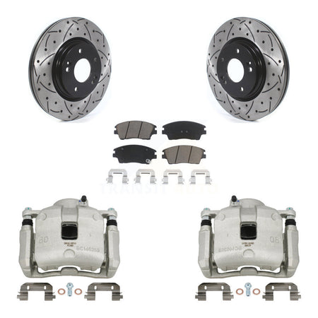 Front Brake Caliper Drill Slotted Rotors Ceramic Pad Kit For Hyundai Tucson Kia Sportage KCD-100152C