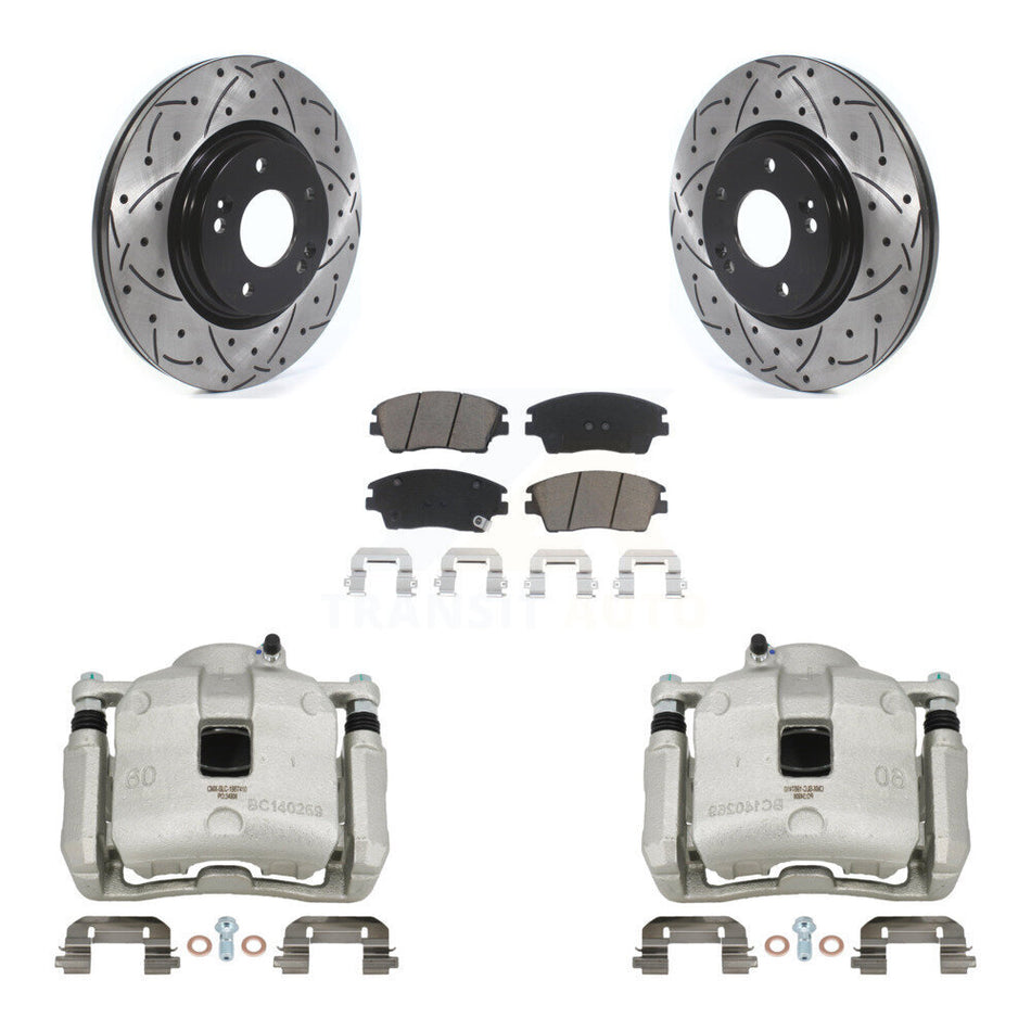 Front Brake Caliper Drill Slotted Rotors Ceramic Pad Kit For Hyundai Tucson Kia Sportage KCD-100152C