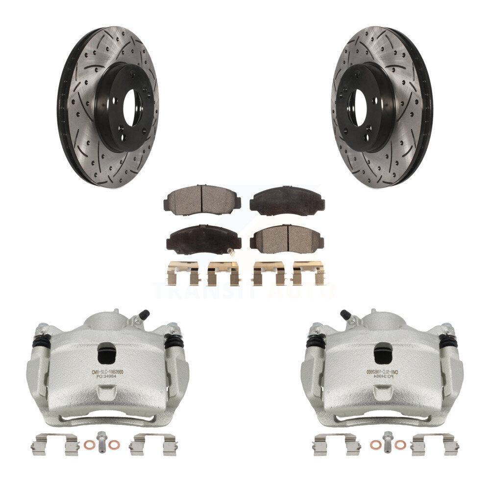 Front Brake Caliper Drill Slotted Rotor Semi-Metallic Pad Kit For 2007 Honda Accord 2.4L KCD-100154P