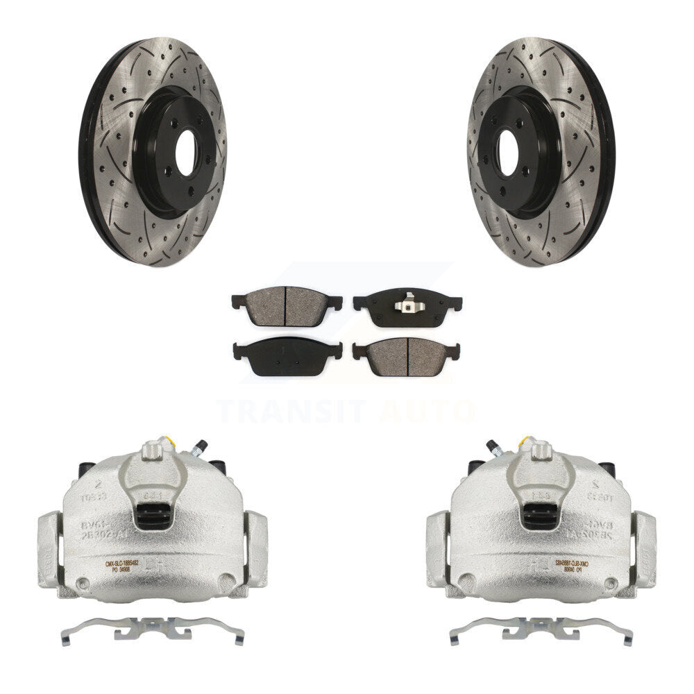 Front Brake Caliper Drilled Slot Rotor Semi-Metallic Pad Kit For Ford Escape Transit MKC KCD-100156S