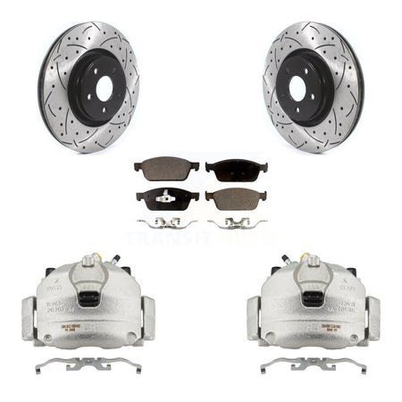 Front Disc Brake Coated Caliper Drilled Slot Rotor Semi-Metallic Pad Kit For Lincoln MKC KCD-100157P
